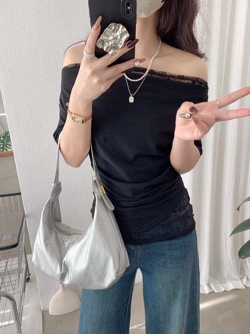 蕾丝拼接假两件荡领短袖T恤 褶皱显瘦纯欲气质上衣