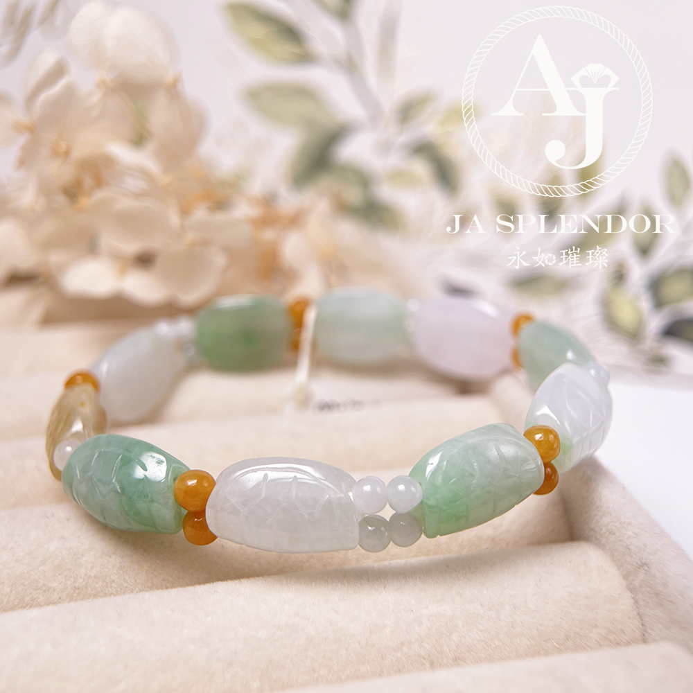 OF-06-A 天然翡翠A玉 - 冰潤三彩長壽吉祥龜貝手串