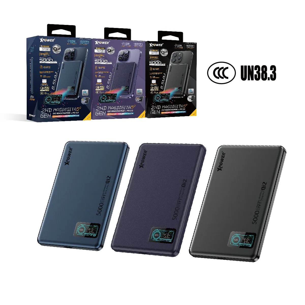 (3C認證版)(鋁合金面)XPower MagDigita5² 第2代彩屏顯示磨沙玻璃外殼 5000mAh PD3.0+QI2 磁吸移動電源