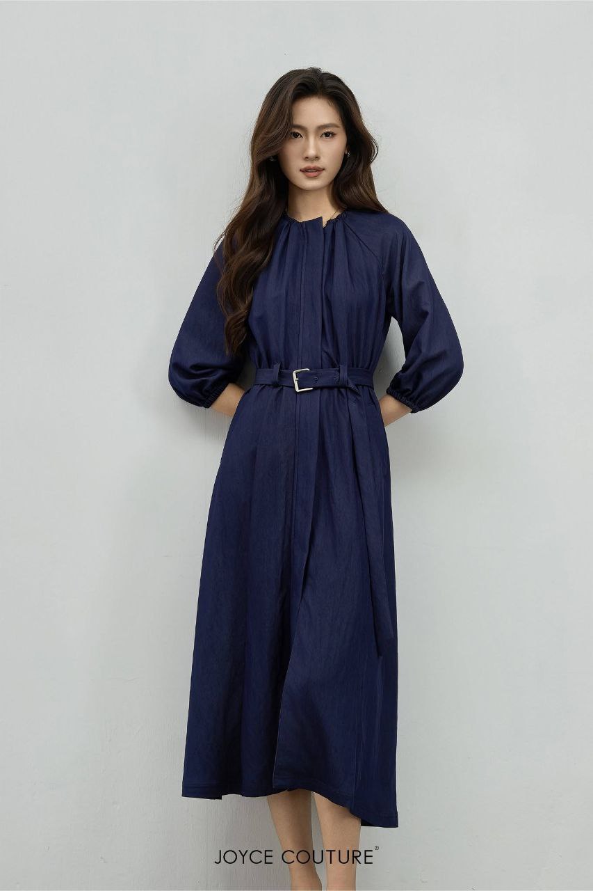 松紧褶领口中长连身裙 D0335