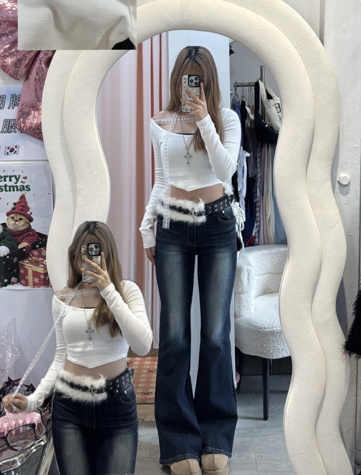 韓國設計感蕾絲邊邊+掛頸巾大領Top