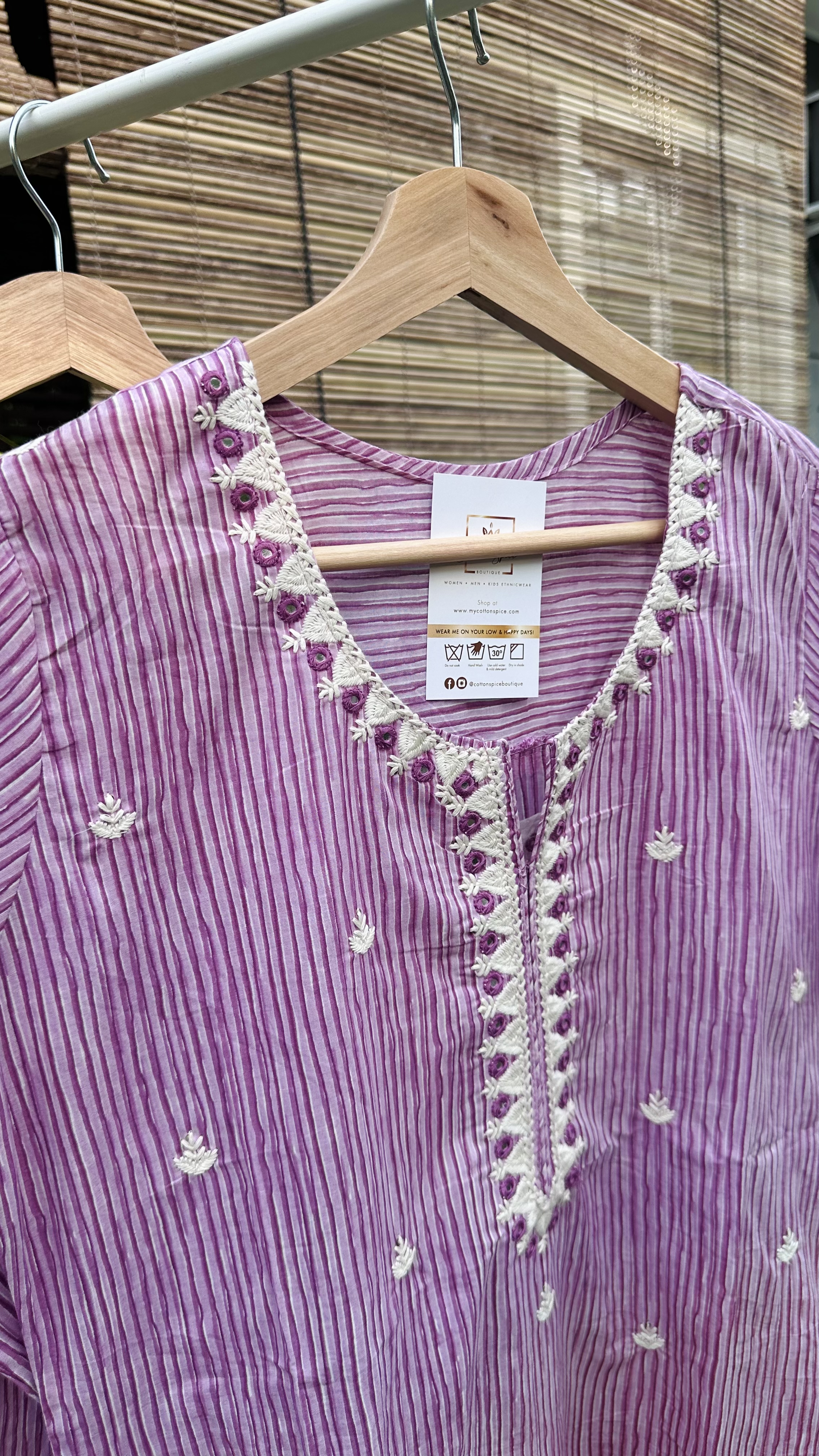 Light Purple Striped Embroidered Kurta Set