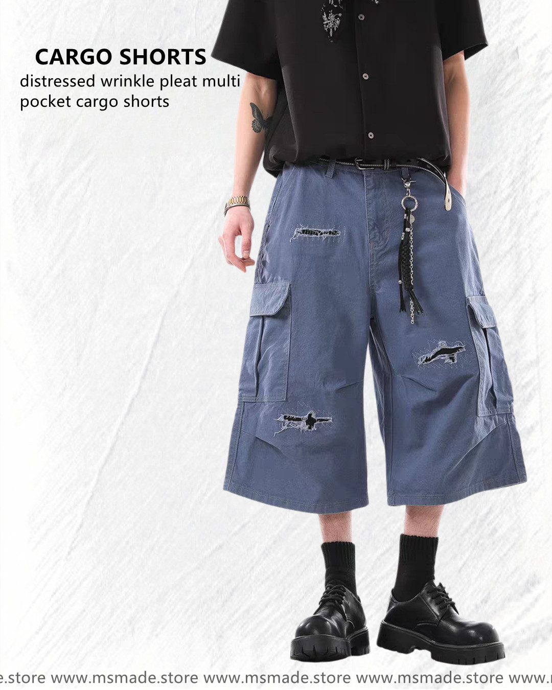 M312破洞皺褶多袋工裝短褲