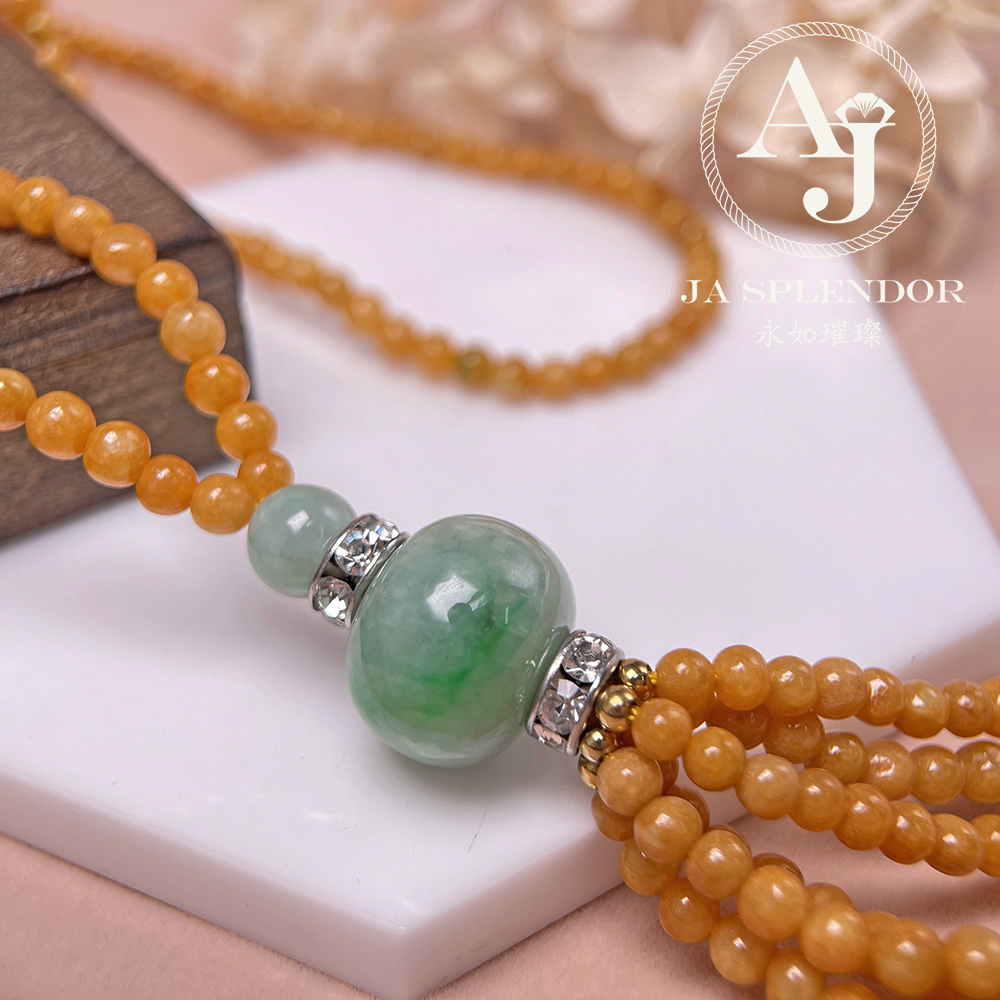 JN-H40-261 天然翡翠A玉 華麗黃翡配綠珠串串金項鏈