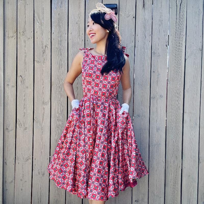 (Ready-Made) 1950s Style Silk Lustre Texture Boat Neck Fit & Flare Swing Dress With Bow Accent on Shoulder（FM213）