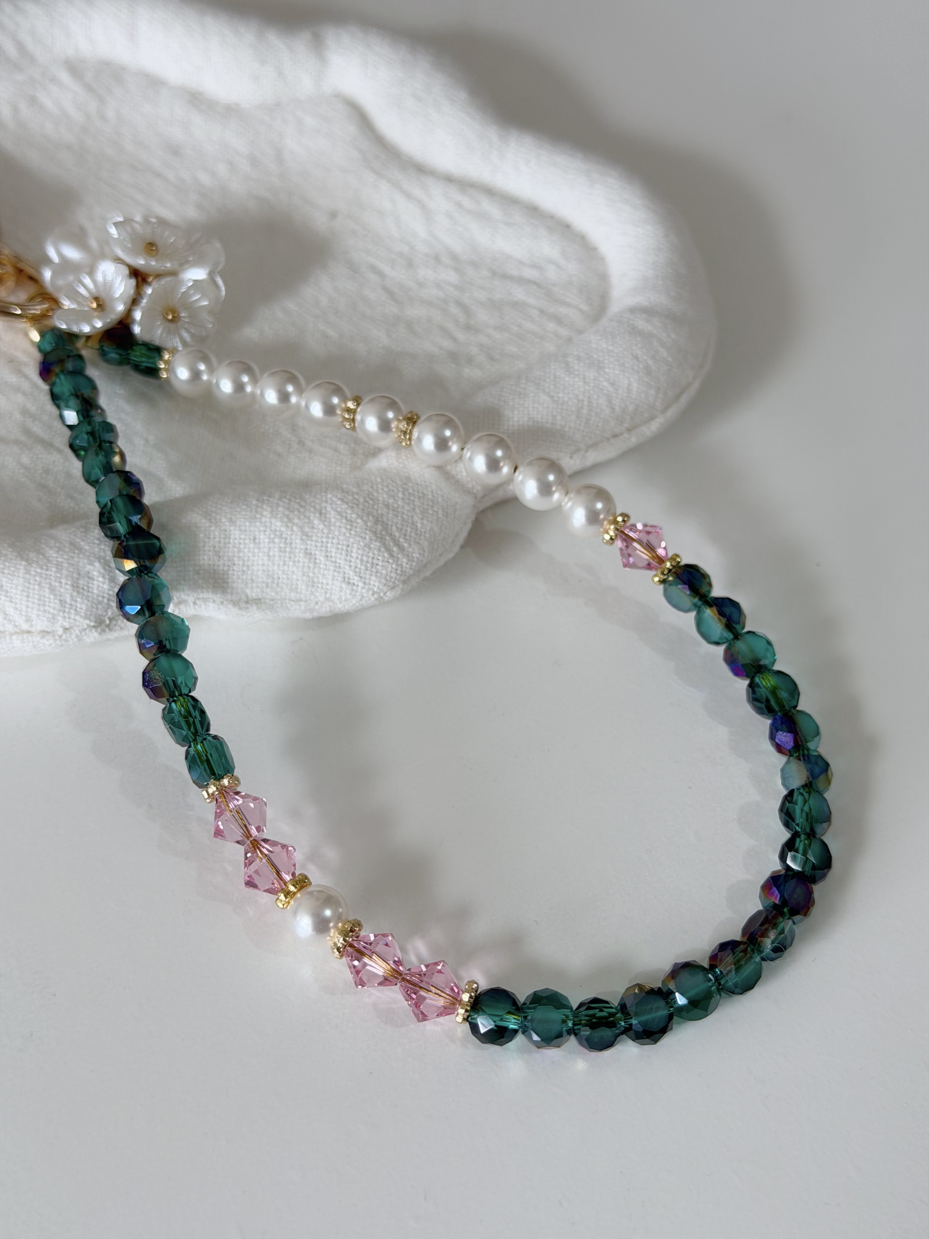 復古彩珠電話繩/ 小花藍 x 粉彩綠色