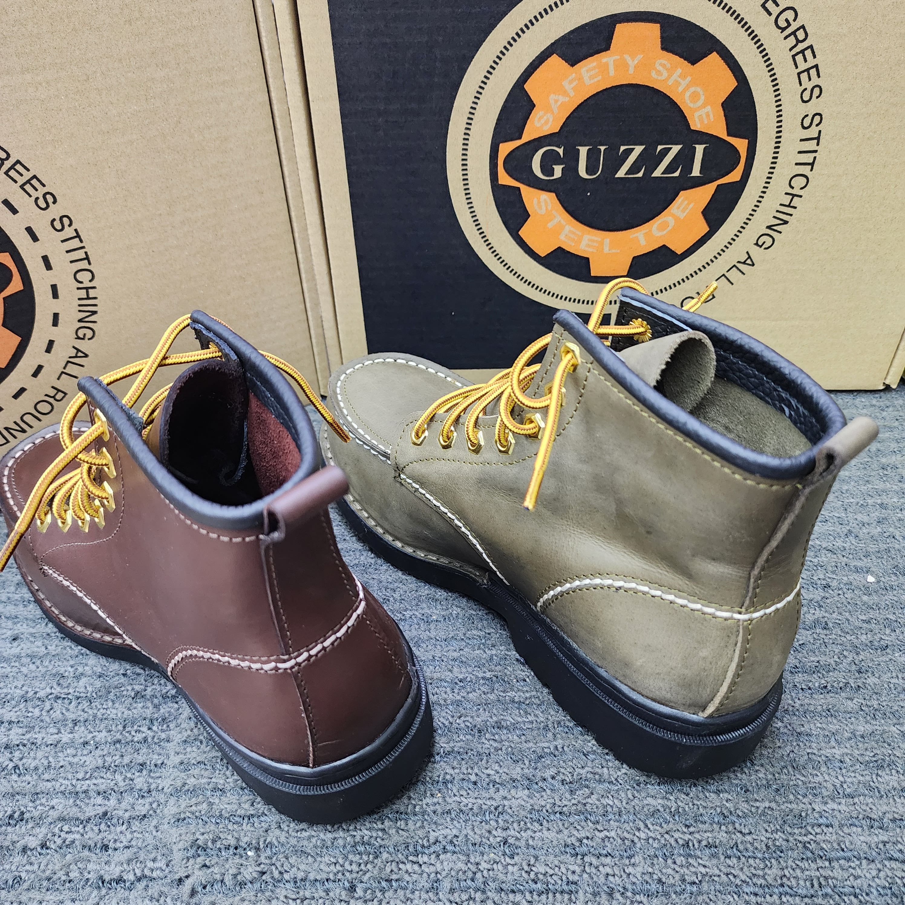 Guzzi Safety Shoes 600 Mid Cut Lace Khaki Dark Brown Steel Plate and Toe's Cap Genuine Leather Kasut Keselamatan