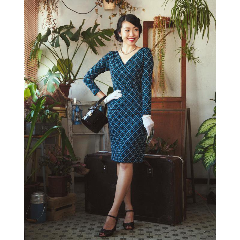 (Sold out)Last S -1970s Style Miss Suzie Geometric Half-Wrap Jersey Dress(FM122)