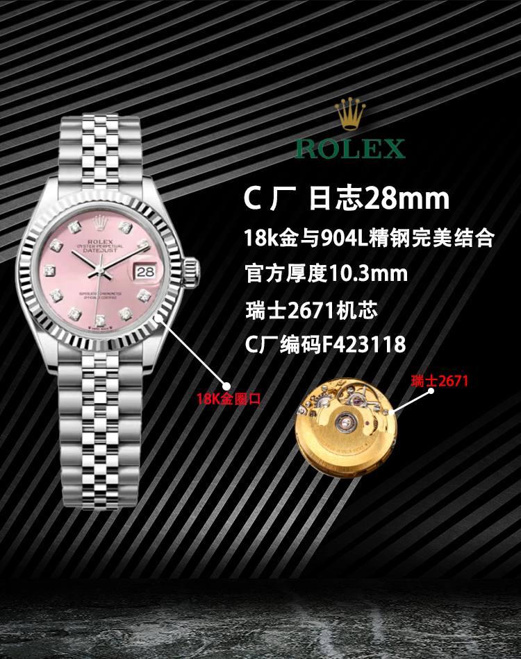 Clean/CS厂🌐—— 白金与904L精钢完美结合——劳力士日志型28mm 专为女性而设计的经典时计，技术而美观的结合不负期望，本次日志型28mm再次从细节入手，本次特点： 1.外壳以最纯粹的904钢原材料制造，狗牙圈以白金材质打造，CNC技术让圈口菱角更加立体，无毛刺，直径、内径尺寸吻合原装！表壳厚度10.3mm与原装一致！ 更提一点是表冠白金材质与圈口搭配吻合原装，表冠旋入式双扣锁双重防水系统！ 2.镜面抗刮损蓝水晶玻璃，防反光凸透式放大日历窗！ 3.劳力士表盘特点的皇冠logo，C厂还是技放术攻克了！还有各种特点的刻度丁都媲美原装，如下面细节图！ 4.采用瑞士2671机芯（参数28800）非国产2671！此机芯无论走时还是摆幅都比nh05机芯更好！虽然有点小贵，但好货不便宜！ 5.C厂用原装开模所谓的新款双头粒904L不锈钢钢带，月牙湾的中珠，厚度偏薄，对于女性手腕会更加贴服，看起来比较美观！如上细节图