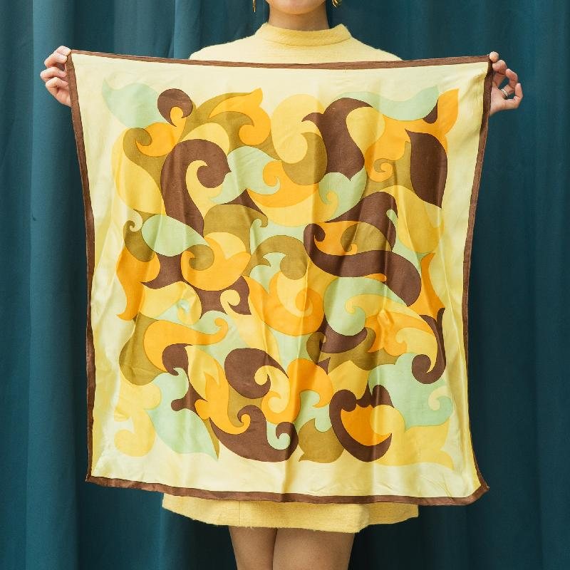 Vintage 1960-70s German Psychedelic Paisley Pattern Yellow Square Neck Scarf / Head Scarf (MT1602-3)