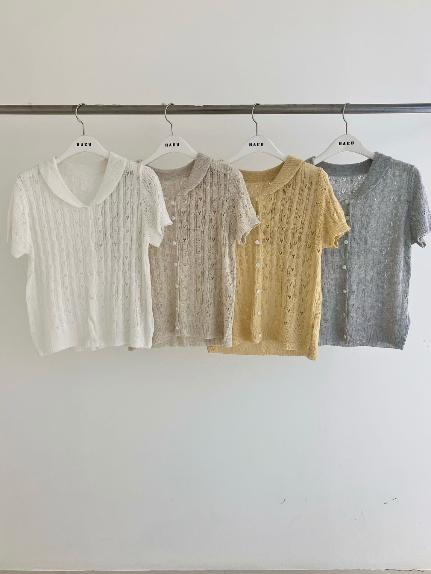 HA13 鏤空勾花小翻領短袖針織上衣