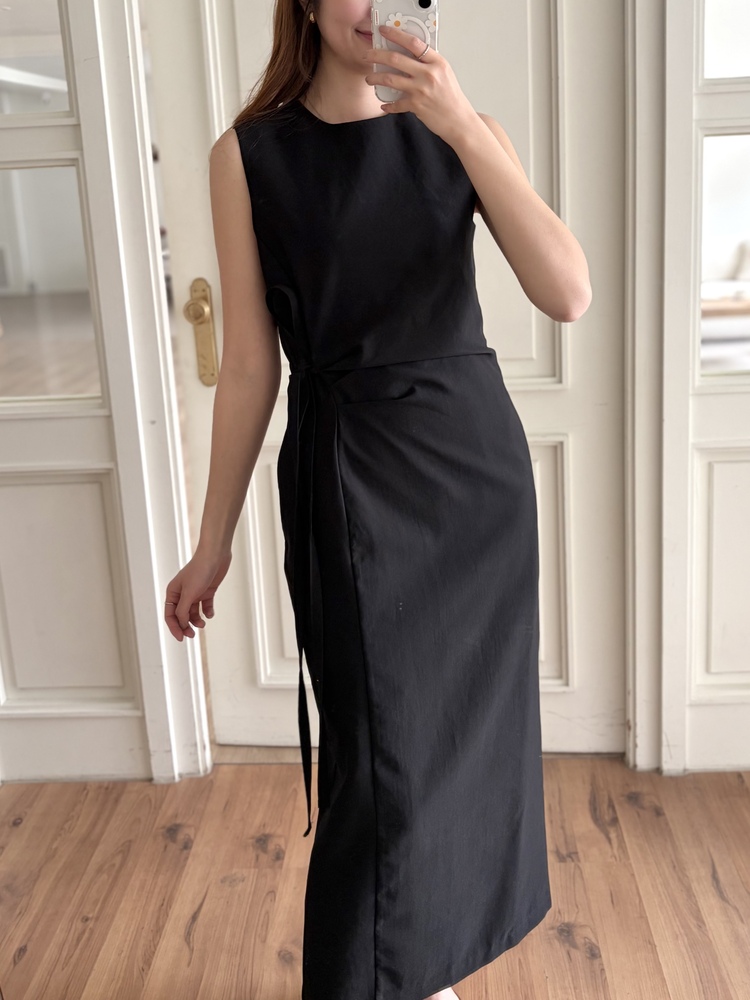 Gathered Waist Tie Dress (Black)