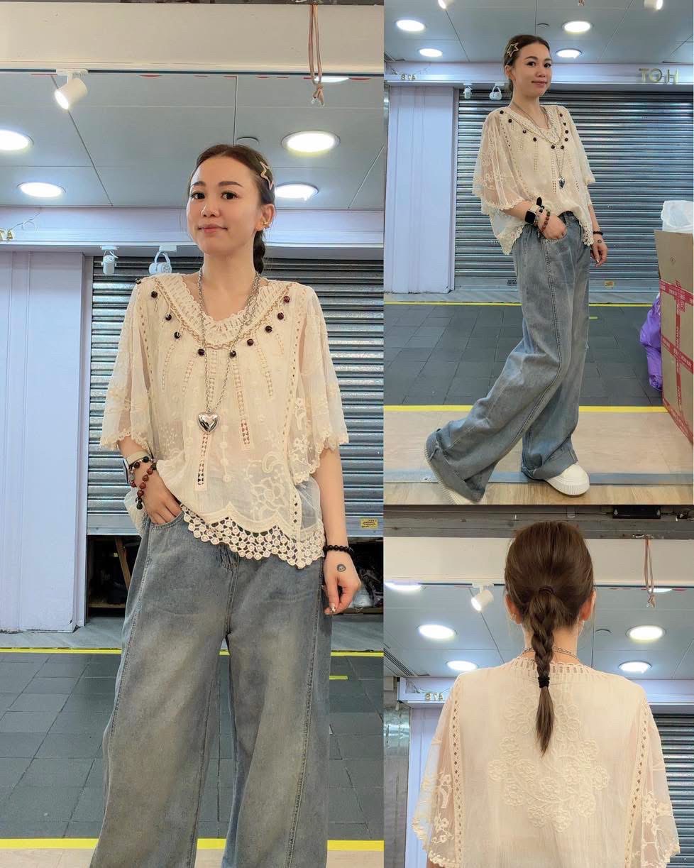 D12-V領刺繡lace皺布蝙蝠袖top