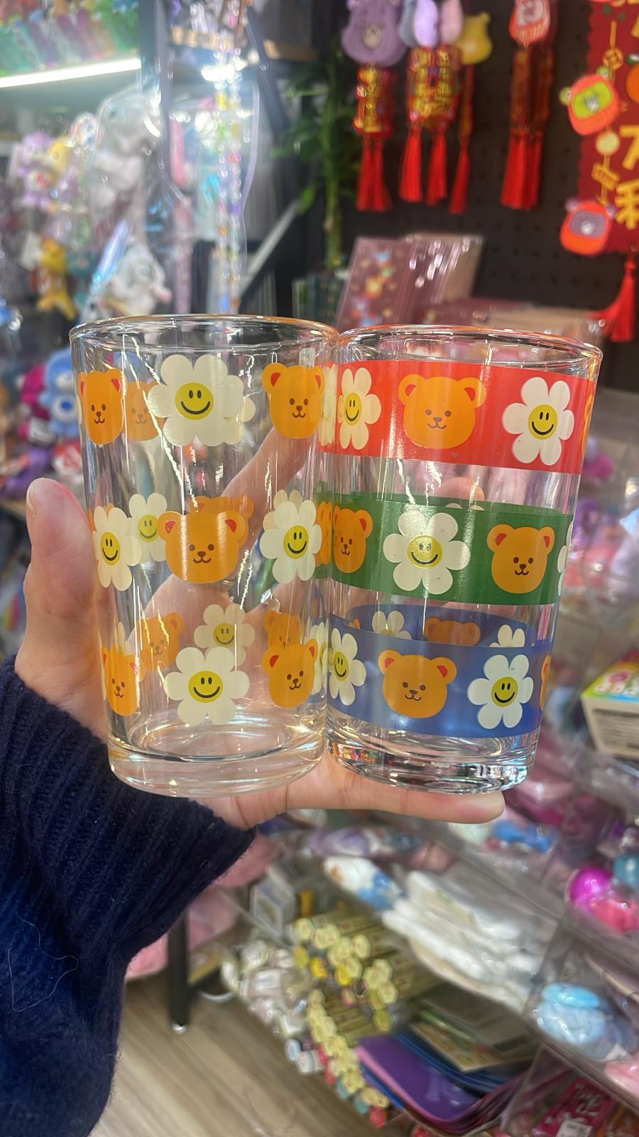可愛小熊笑臉花玻璃杯