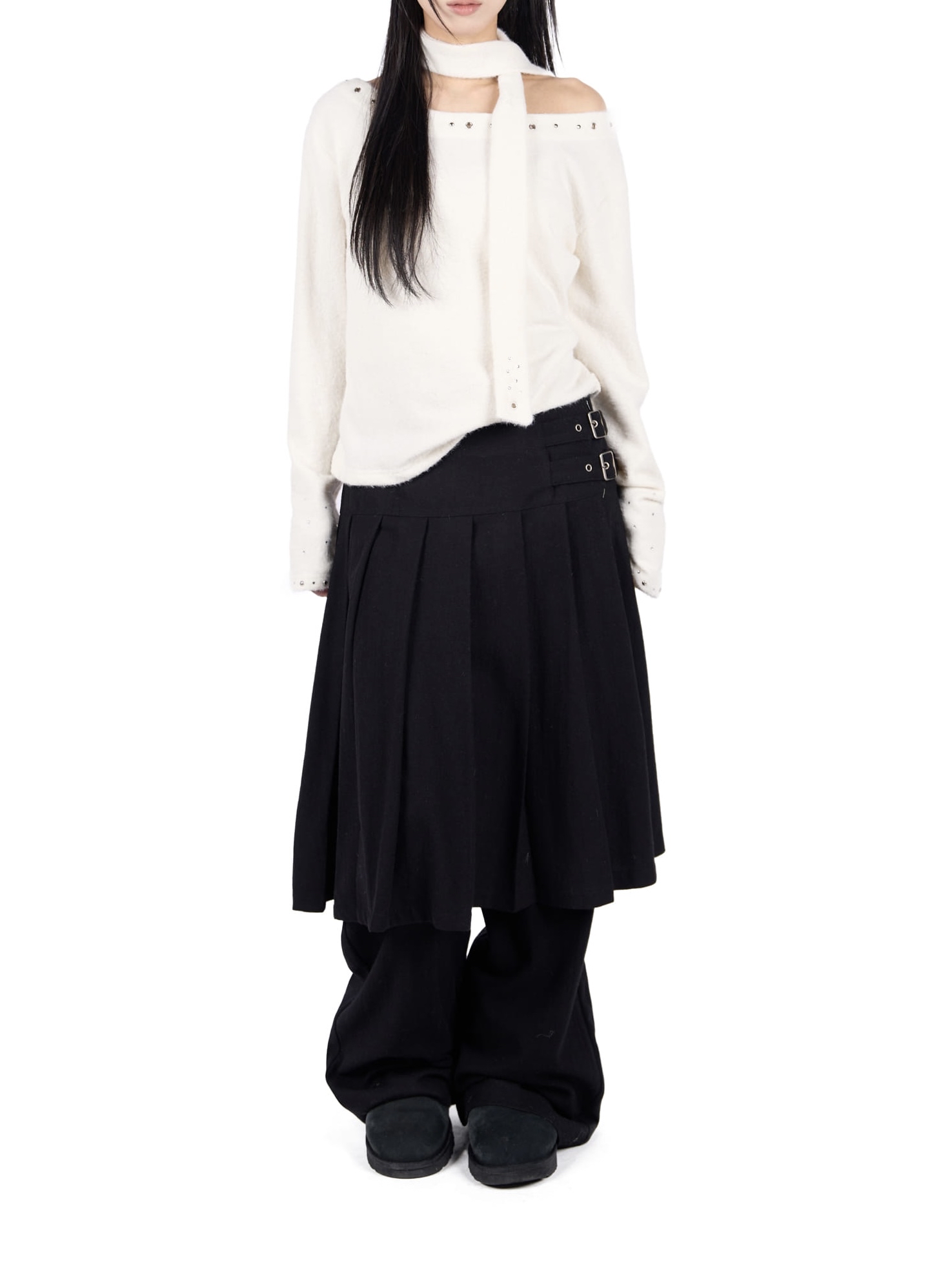 Pleated Layered Buckle Skirt Pants
