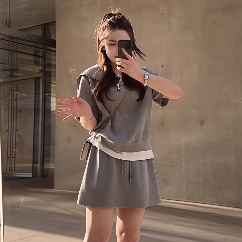 B264(16355) 韩版细闪假两件设计感拉链海军领上衣与短裙灰套装