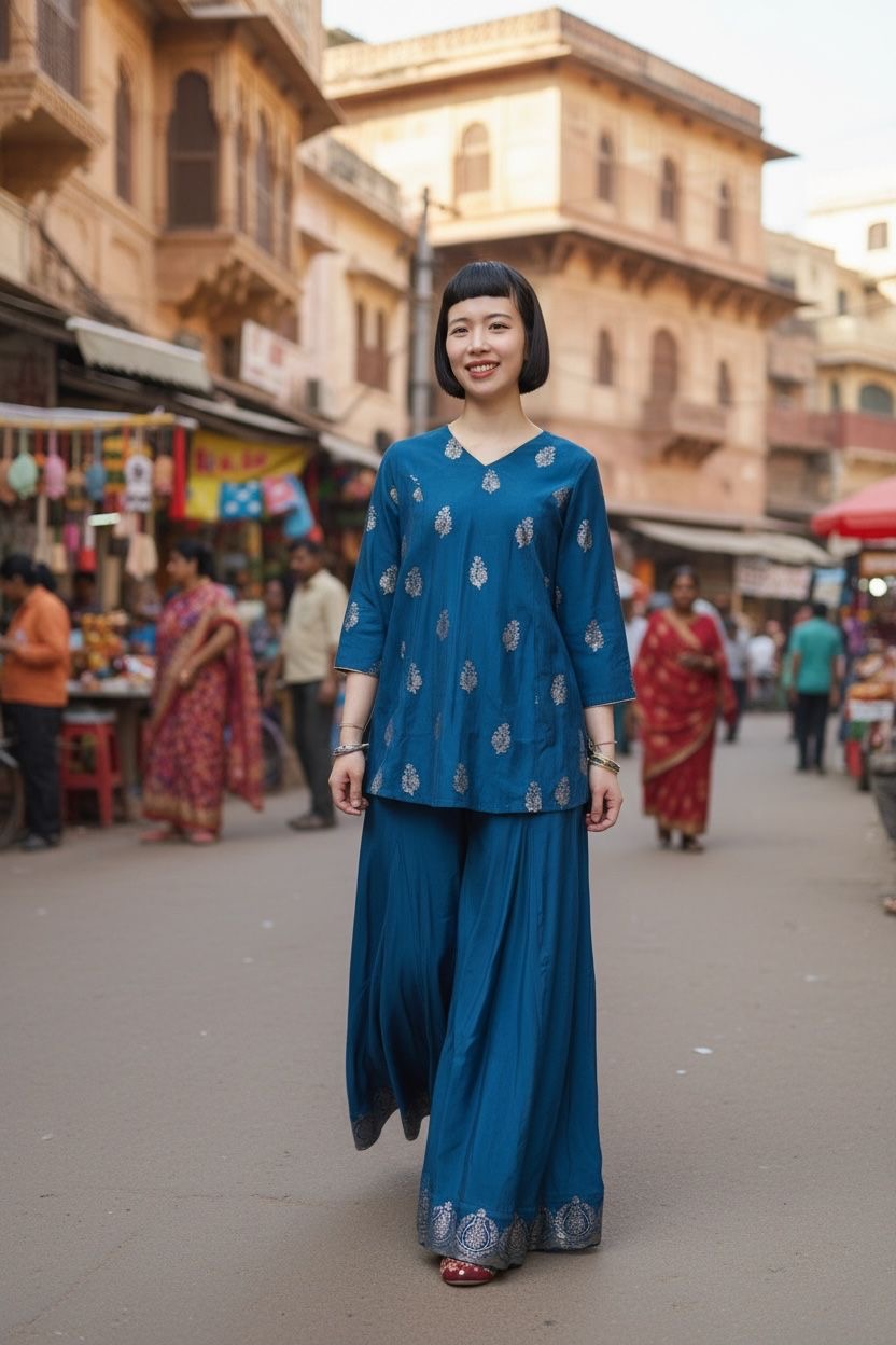 Navy Blue Sleeves Gold Top with Pants #1079