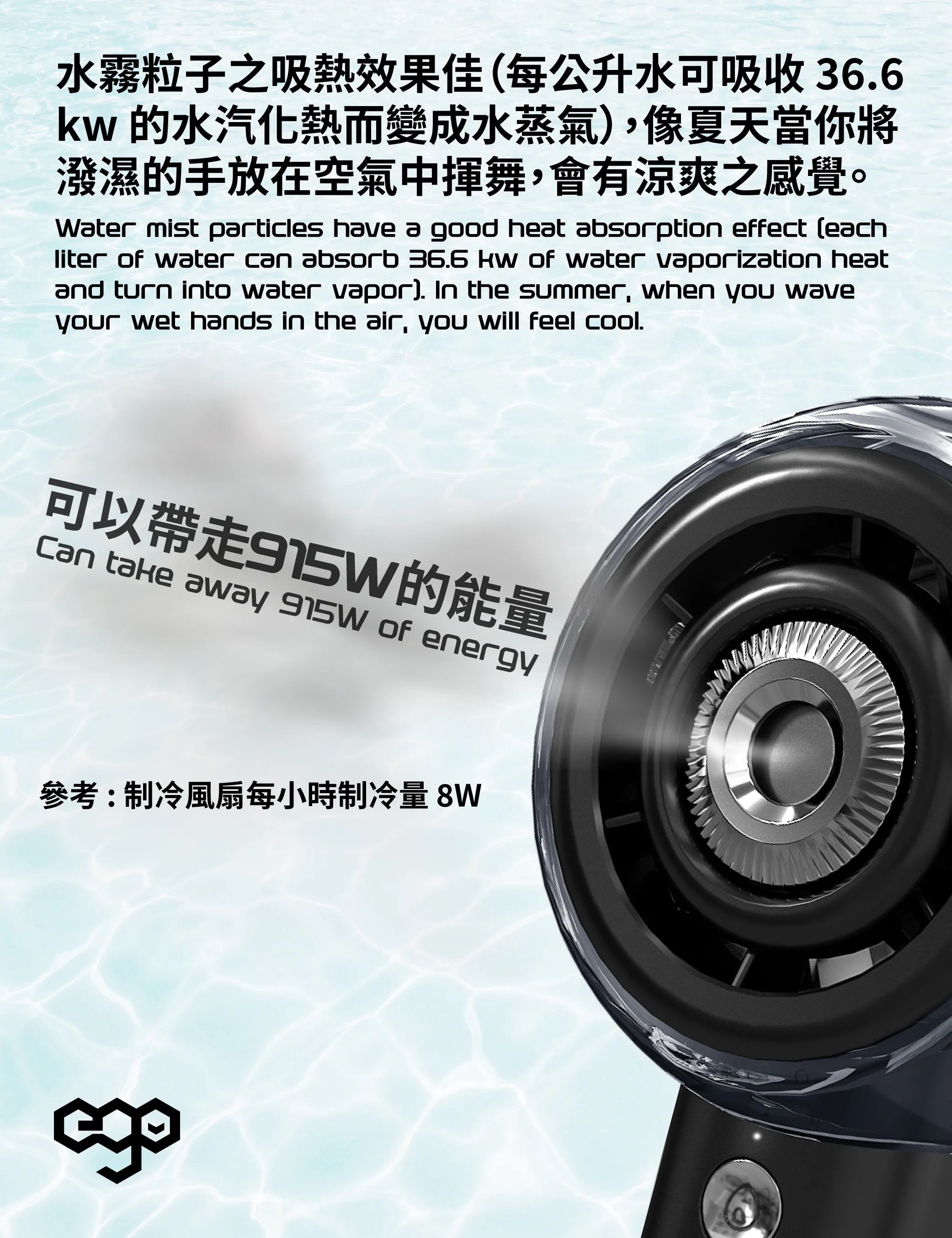ego - HyH2O 噴霧水冷風扇 手提風扇 噴霧水冷 | 補濕美容 | 強勁風速 | 18小時長氣