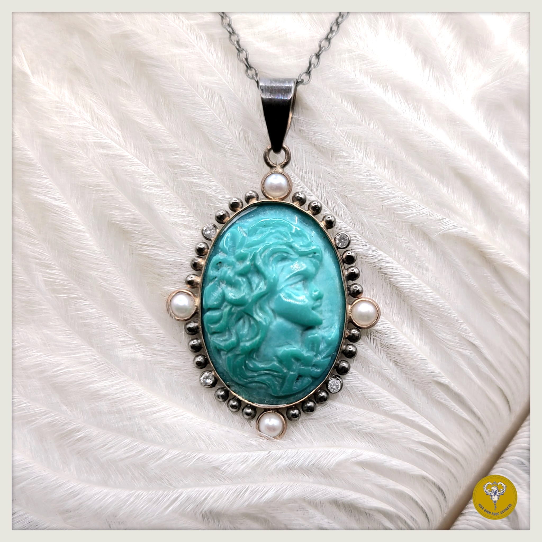 70年代綠松石浮雕鑽石珍珠9k金吊嘴配純銀頸鍊