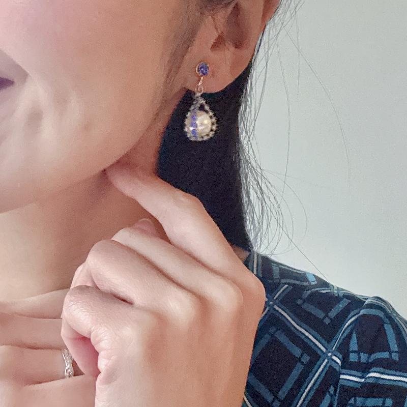 Vintage 1950s Royal Blue Rhinestone Caged Faux Pearl Screwback Earrings(MT2253)