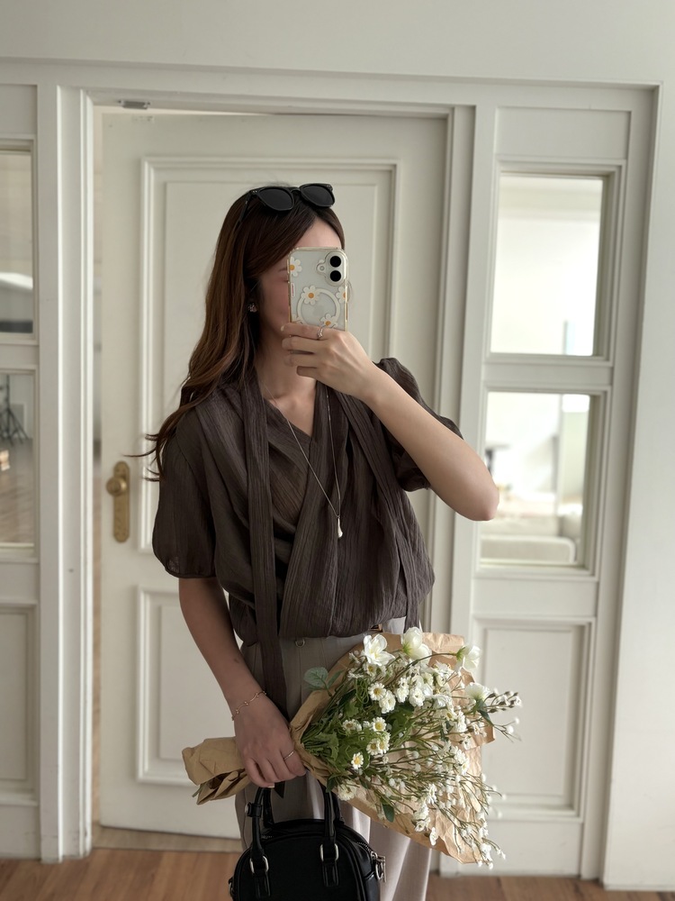 Louise Wrap Blouse with Tie (Brown)