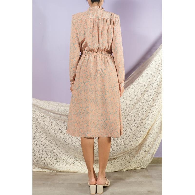 Vintage Japanese Irregular Pattern Ruffle Collar Nude Colour Day Dress / Long Sleeve Vintage Dress (MT1608-115)