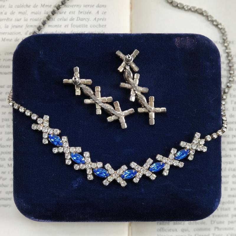 C.a. 1950s Cross Motif Sapphire Blue and Clear Rhinestone Cocktail Jewelry Set - Pierce Earrings and Necklace (MT1407)