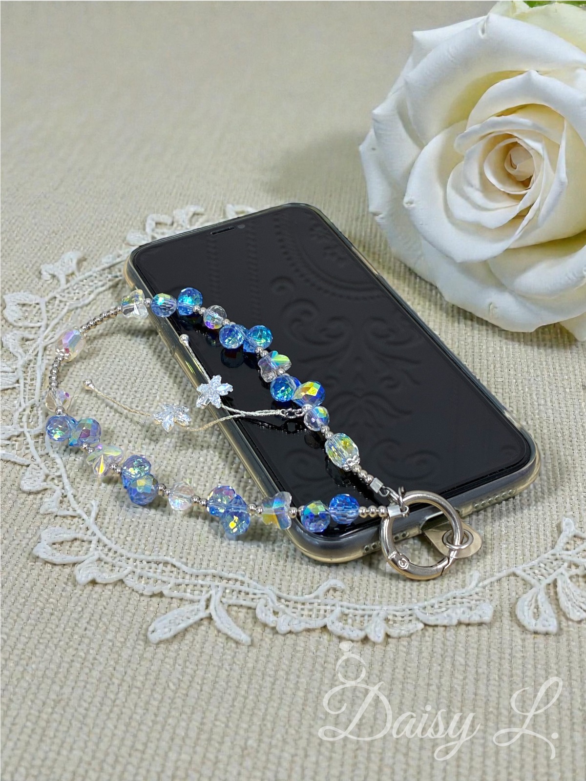 花朵吊飾藍色水晶手機掛繩