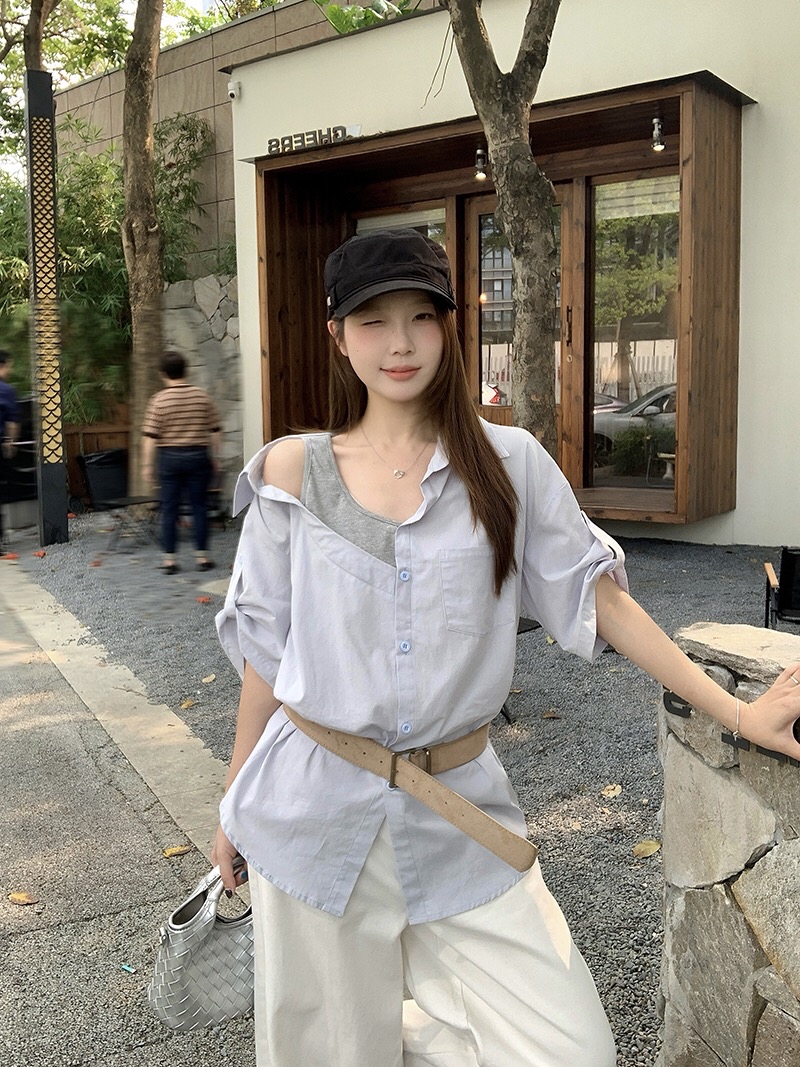 B231(23800) 韩系假两件衬衫拼背心单边露肩设计感3色上衣