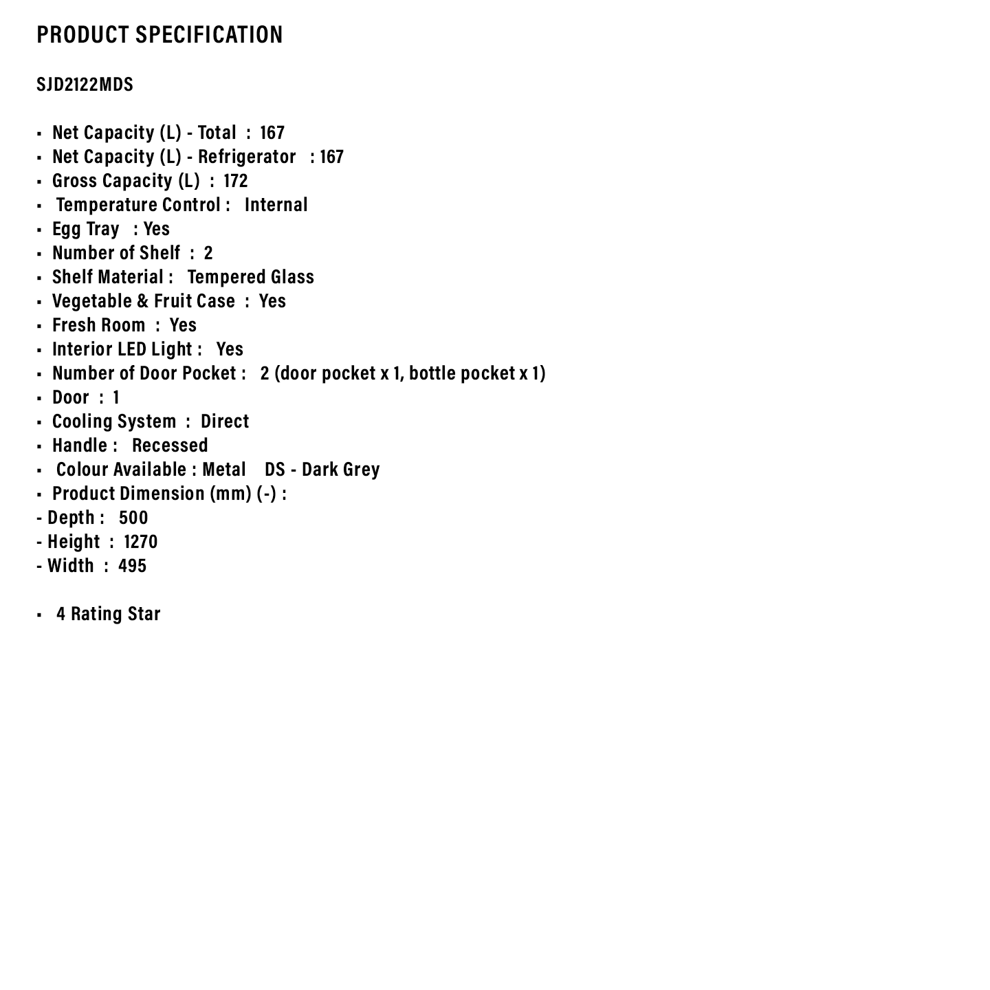 Sharp 170L 1-Door Refrigerator (SJD2122MDS)
