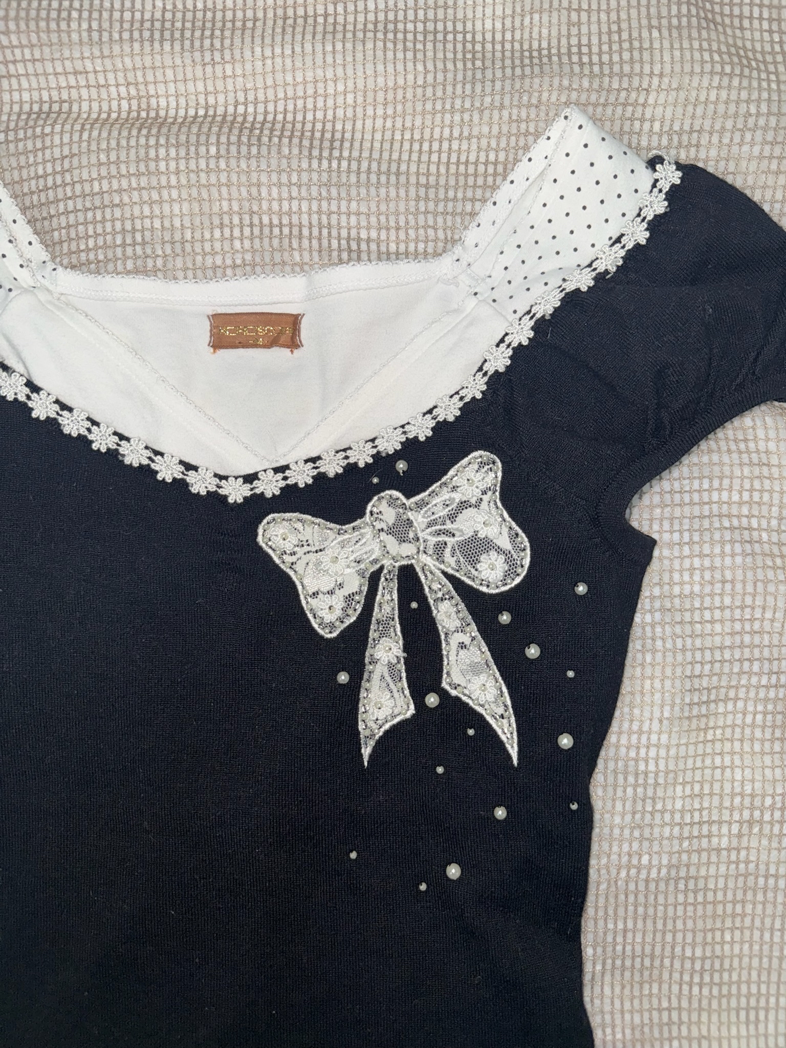 Balletcore Lace Pearl Accent Bow Knit Top