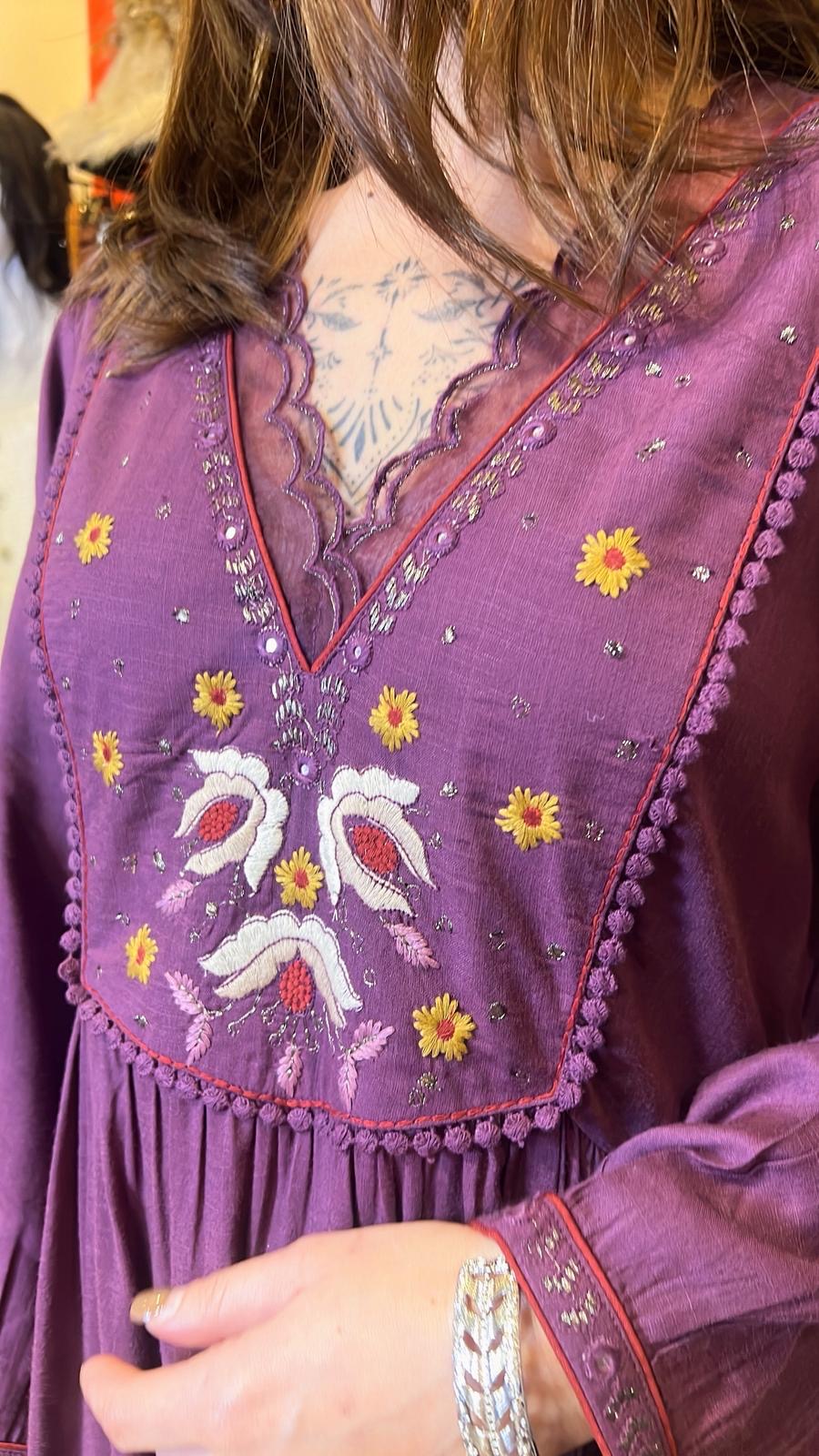 Purple V-neck Double Lace Collar Emb. OP 48"  #1023