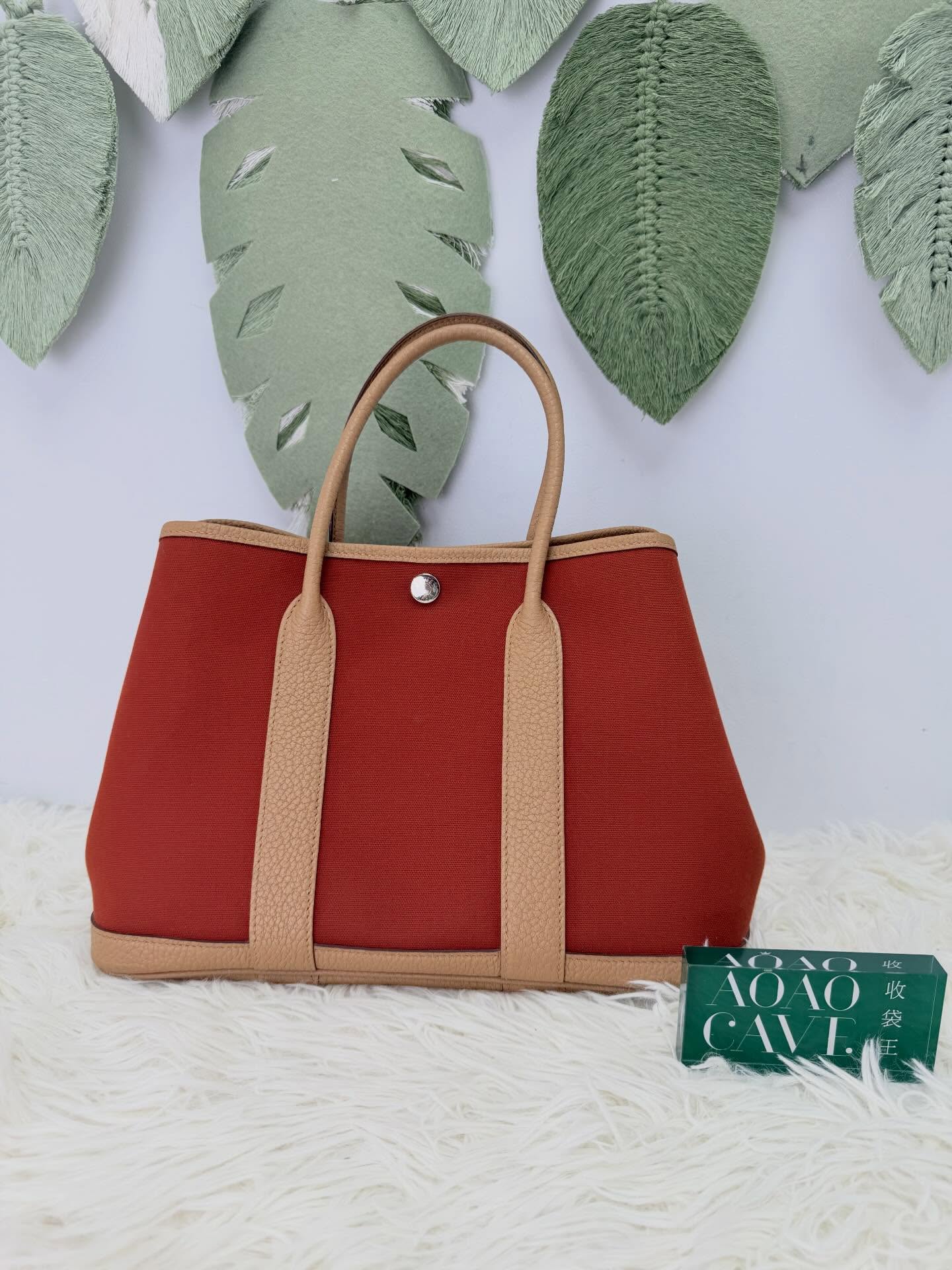 Hermes🤍PRE OWNED Garden Party 30橙色帆布拼餅乾色皮 手提包 🧡