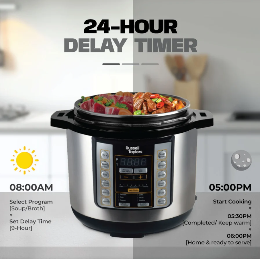 Russell Taylors Electric Pressure Cooker 17 Preset Programs Stainless Steel Pot (6L) PC6