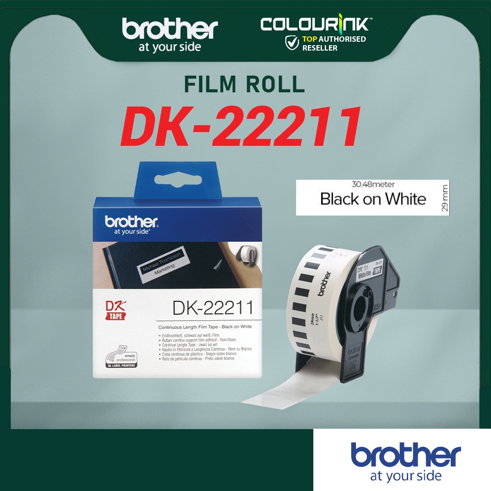 Brother Original Continuous Length Film Tape DK-22211 29mm Black on White Label Sticker QL700 QL720 QL800 QL820NWB