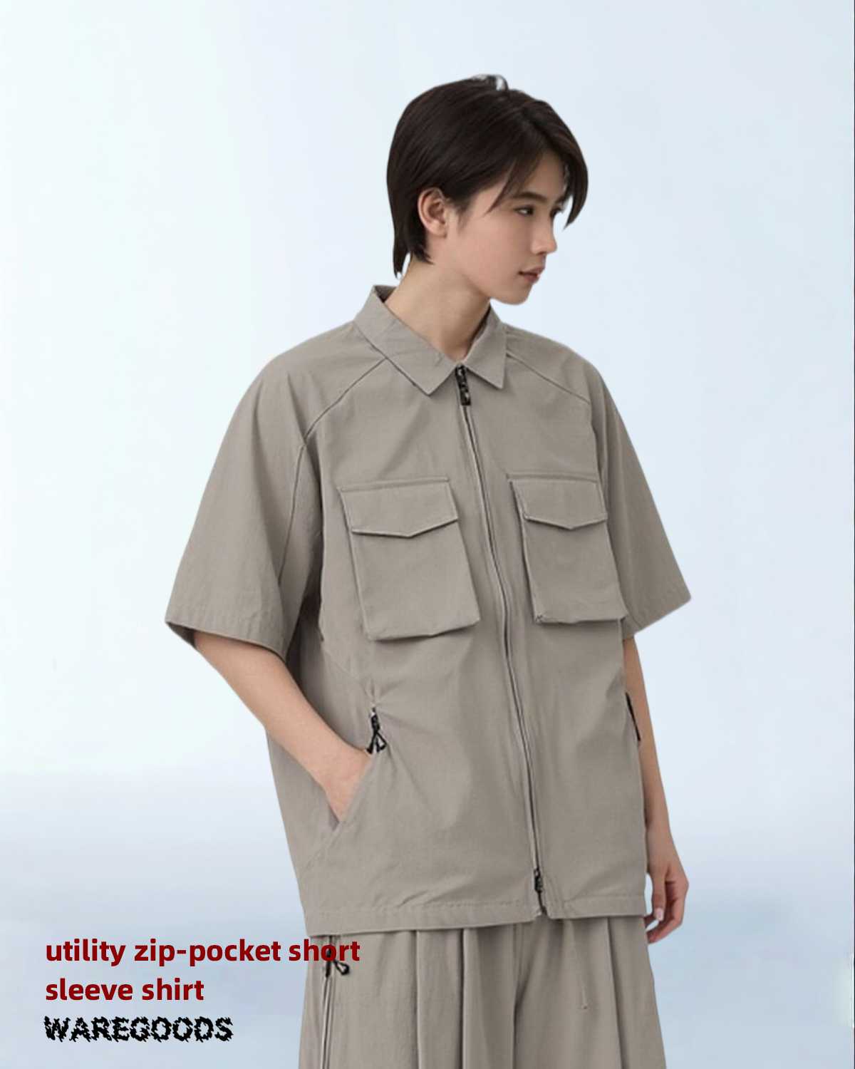 W0438工裝拉鏈口袋短袖襯衫