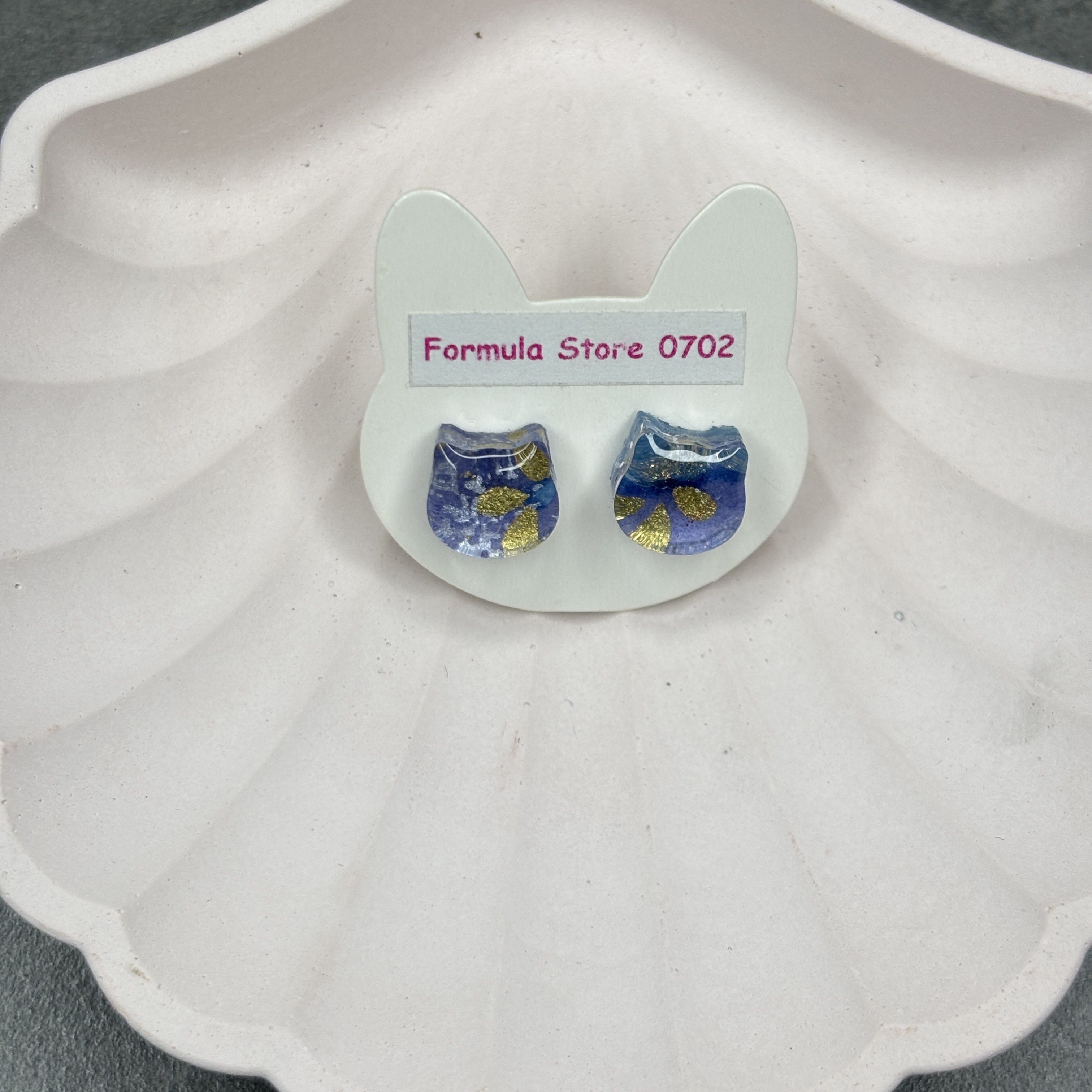 貓咪造型耳環－貓頭款－藍紫金箔點綴圖案