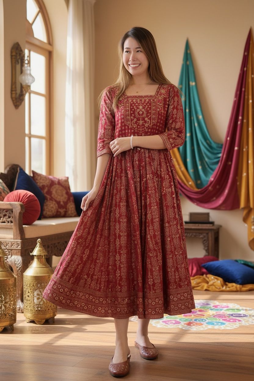 Ruby Red Square Neck Gold Print OP #1002