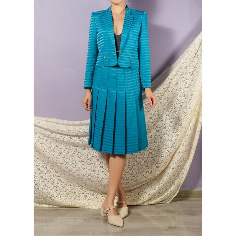 Rare! C.a. 1970-80s Japanese Shiny & Matte Turquoise Blue Tailored Blazer/Bolero with Chained Button and Pleated Skirt (MT1607-3)