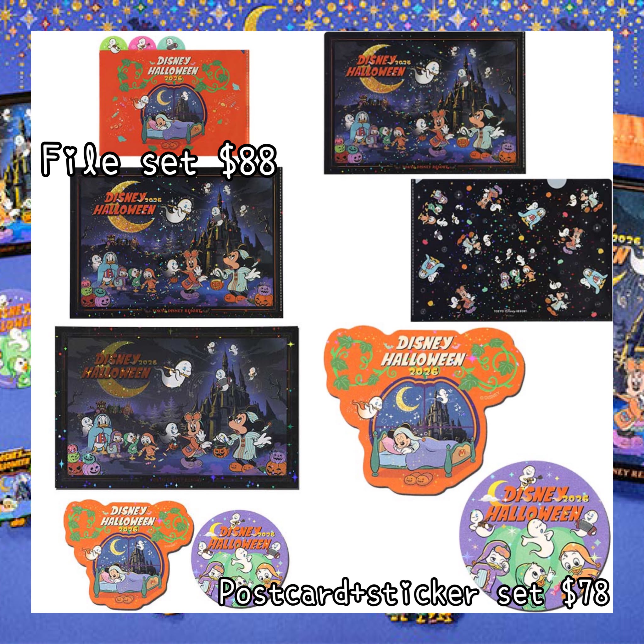 ：日本：DISNEYLAND園區產品 2026 DISNEY HALLOWEEN 15/9 日本發賣 FILE SET POSTCARD + STICKER SET