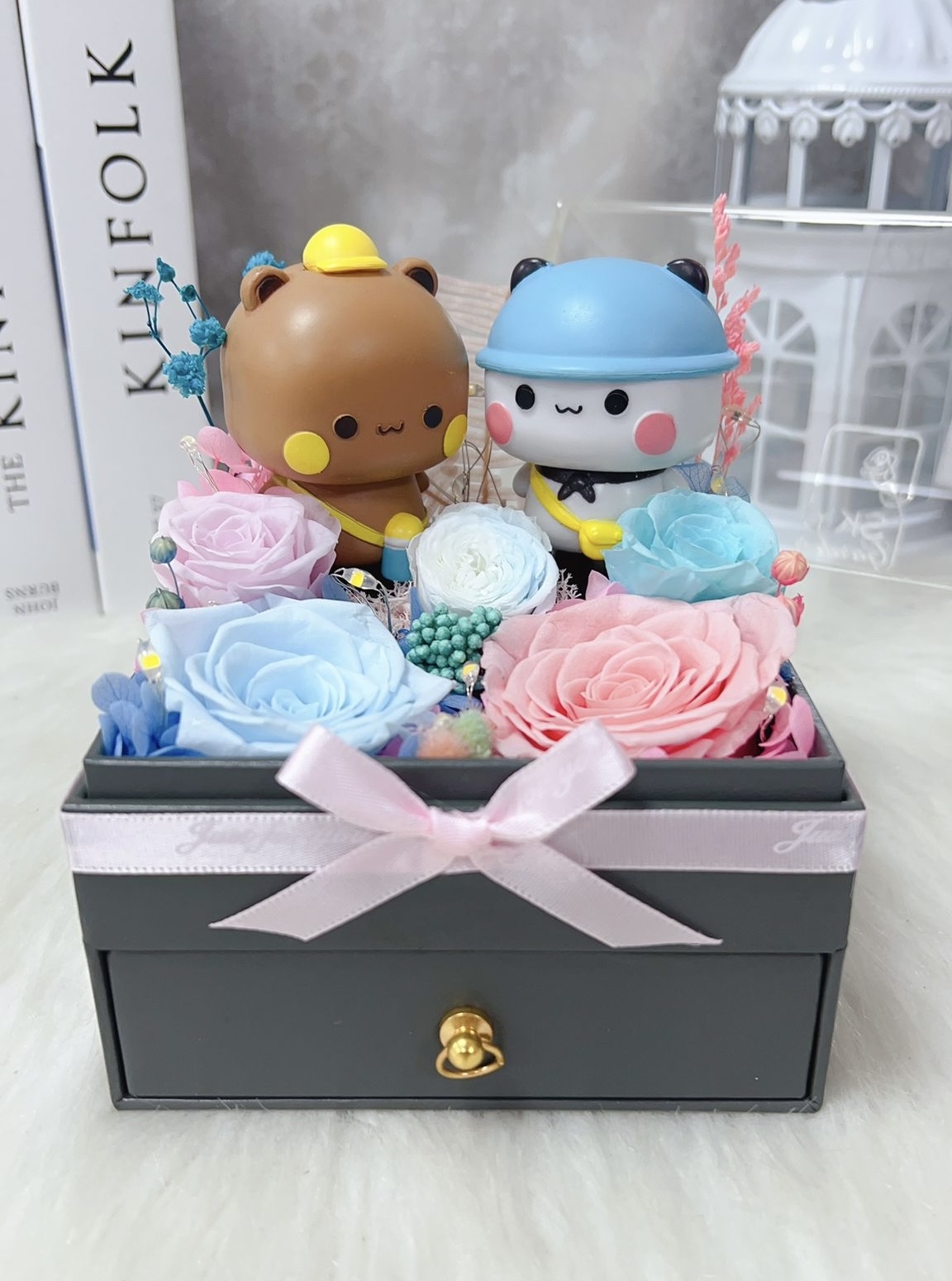 一二布布粉紅藍玫瑰永生花花盒