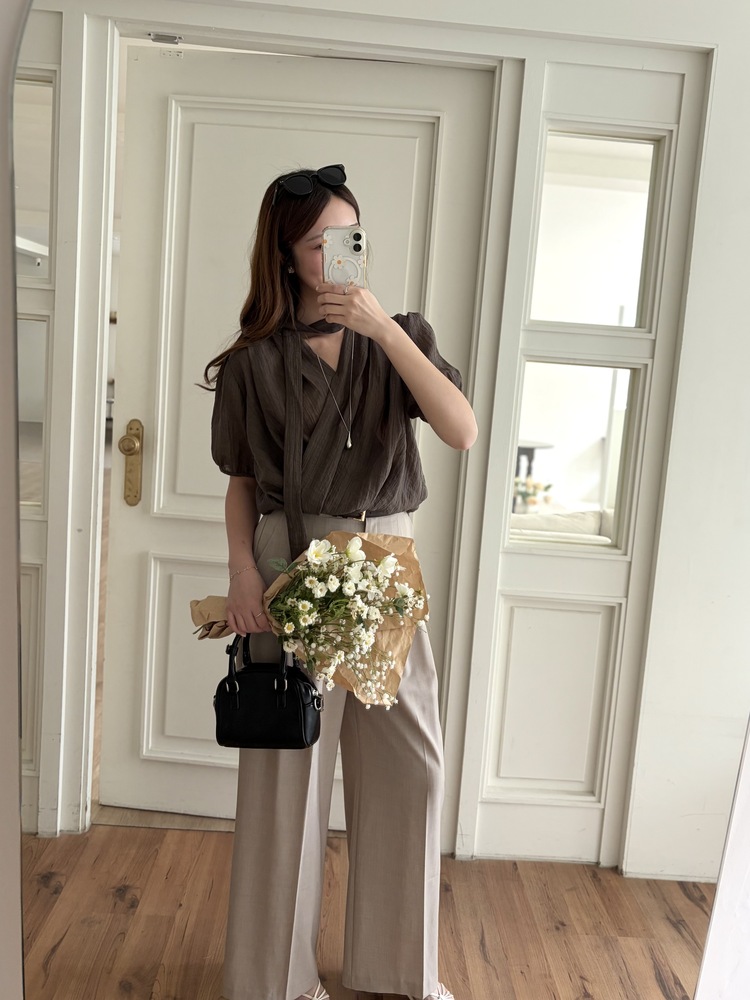 Louise Wrap Blouse with Tie (Brown)