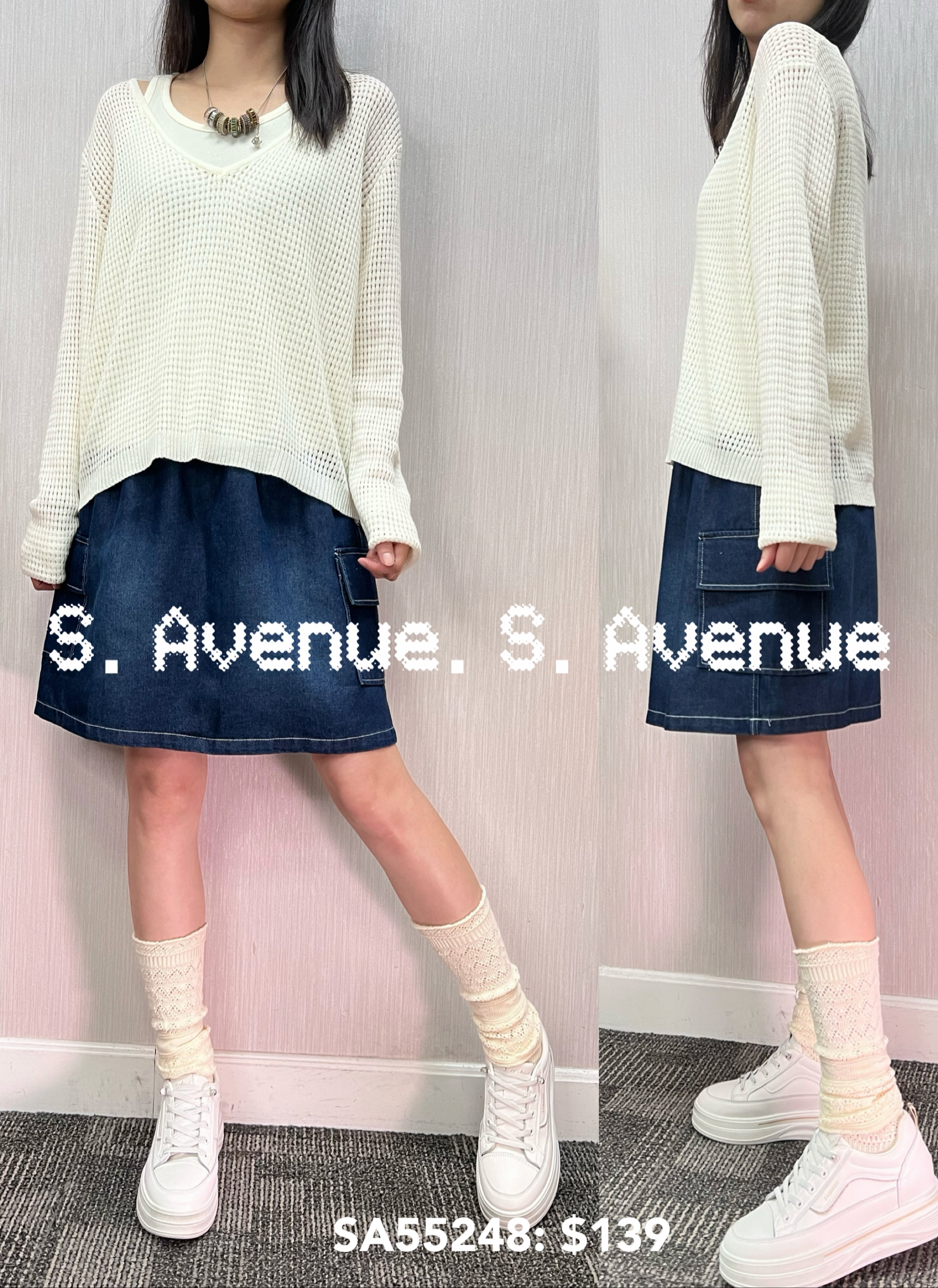 SA55248: 長袖V領通花線top+背心套裝