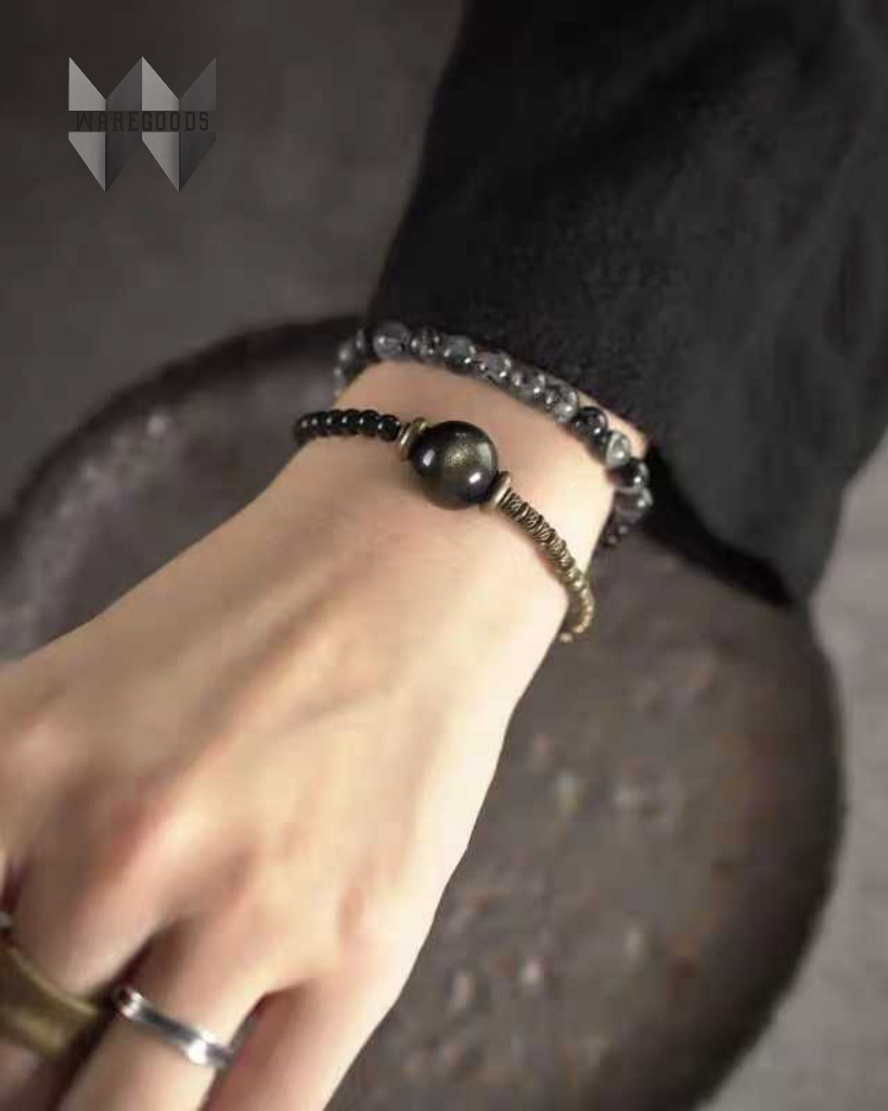 W1006黒發晶黑曜石混搭銅珠手鏈