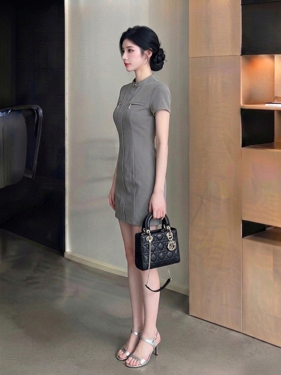 Stand-Collar Suiting Dress M233