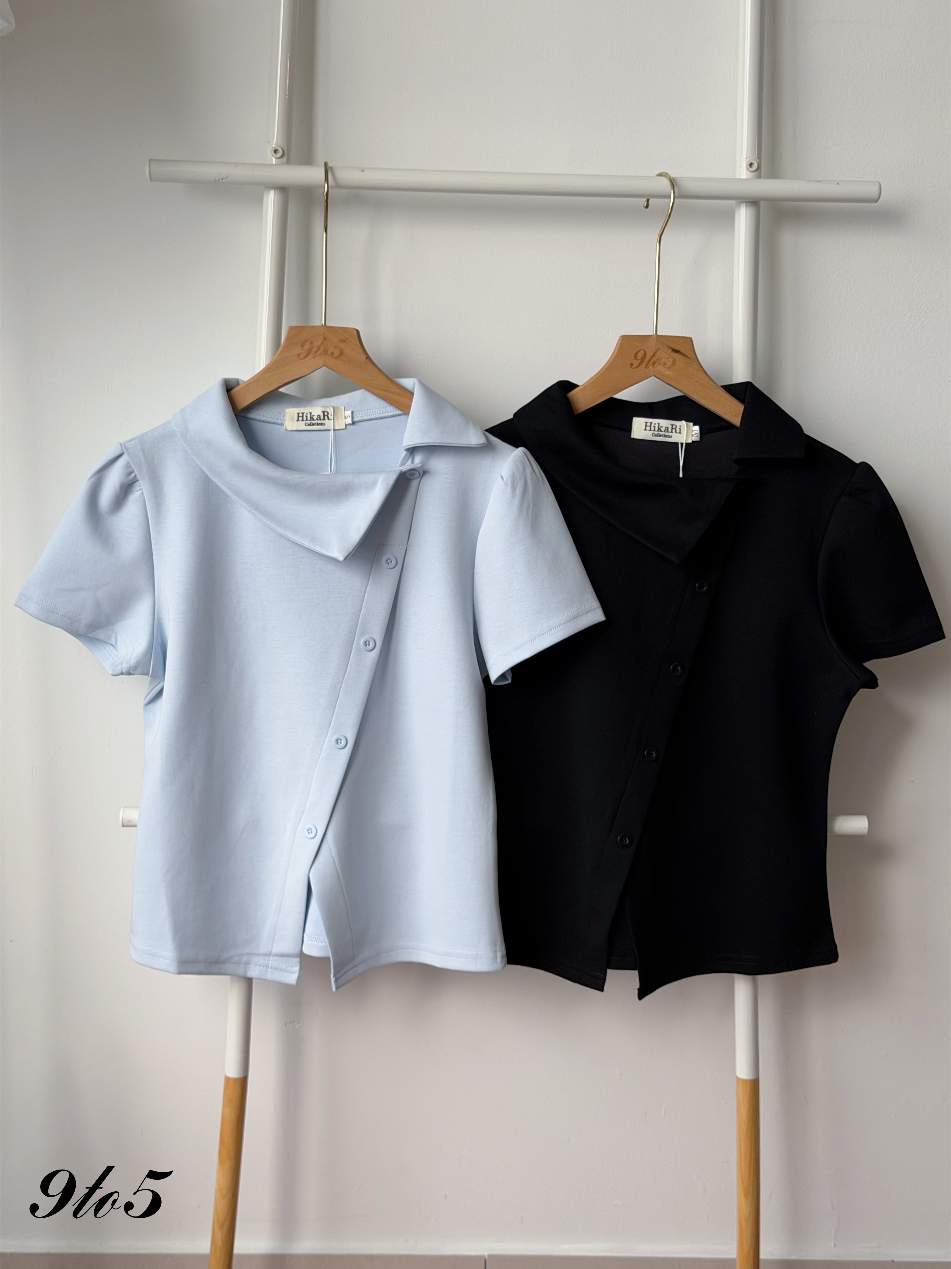 T4483 Irregular Collar Puff Sleeve Top - Black & Blue