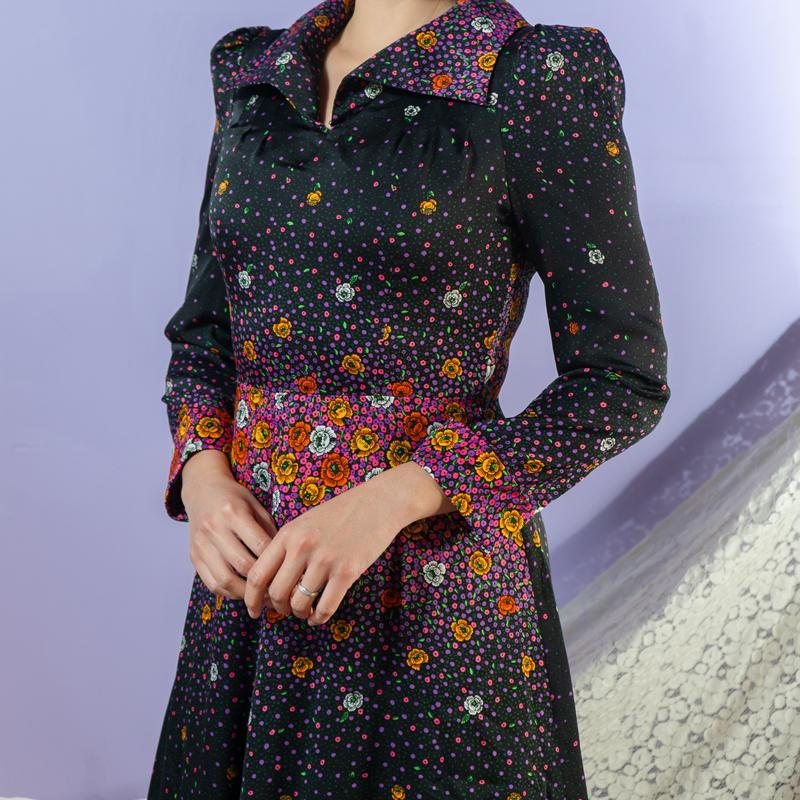 Vintage Scattered Firework Tone Floral Pattern Wing Tip Collar Tailored Dress(MT1840-11)
