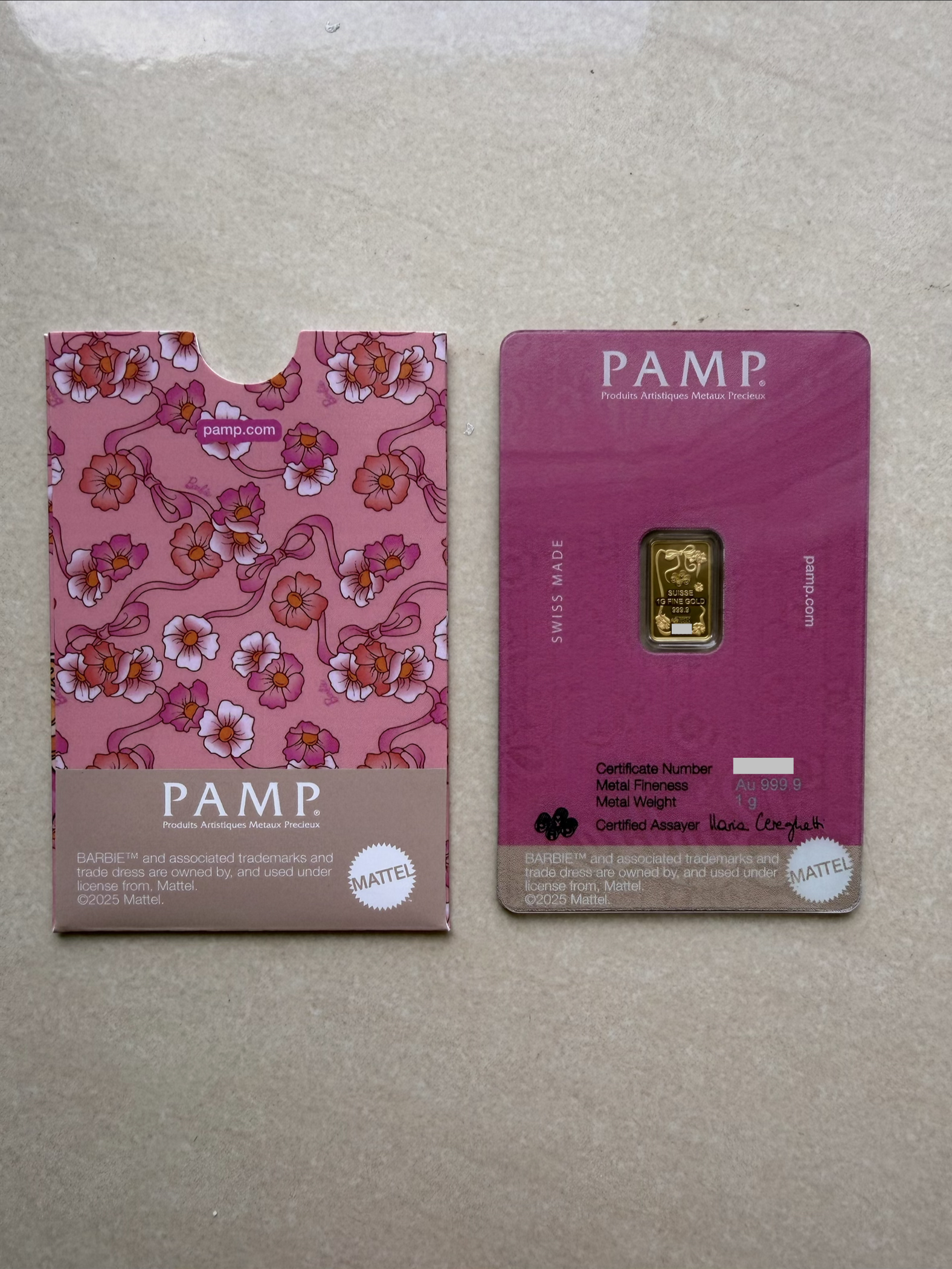 (SN4006) PAMP Barbie V1 1g🇨🇭Swiss Limited Gold bar Emas 999.9 with Sleeve