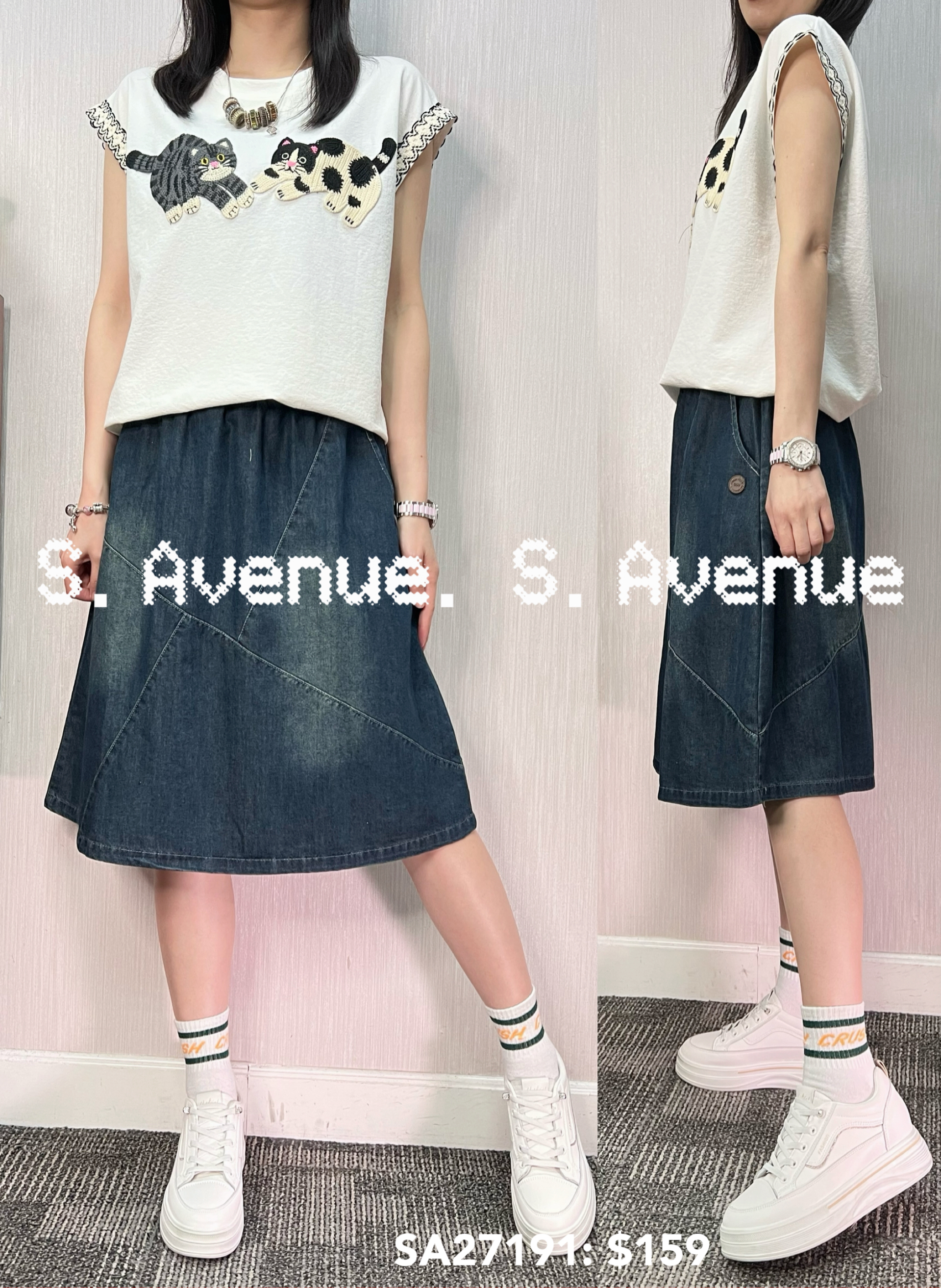 SA27191: 短袖繡貓貓繡袖邊tee