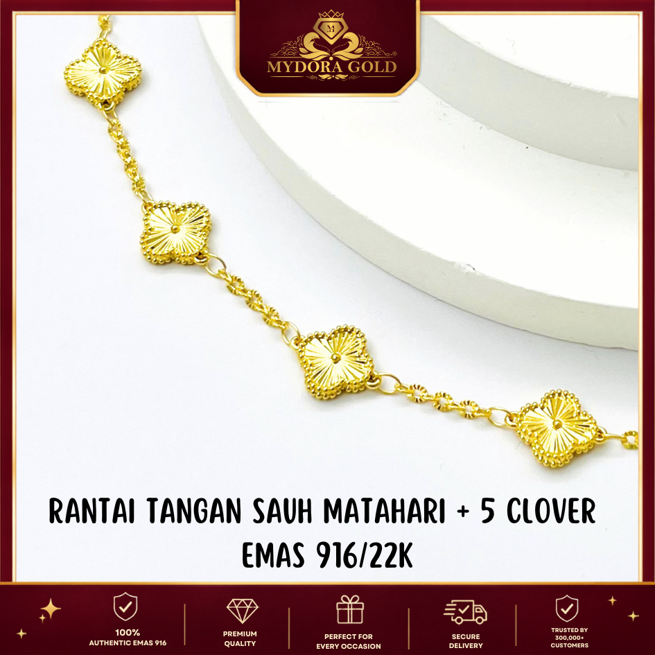 MYDORA Rantai Tangan Sauh Matahari + 5 Clover l EMAS 916/22K